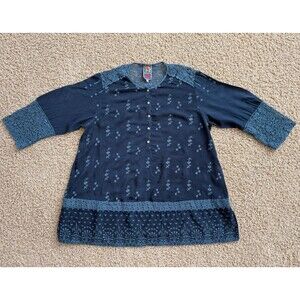 Johnny Was Embroidered Tunic Top XL Navy Cupra Rayon Lace Trim Bohemian
